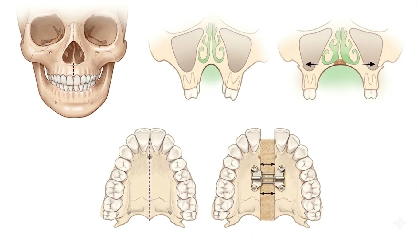 MIND illustration showing controlled cuts, widened airway space, and palate expansion changes