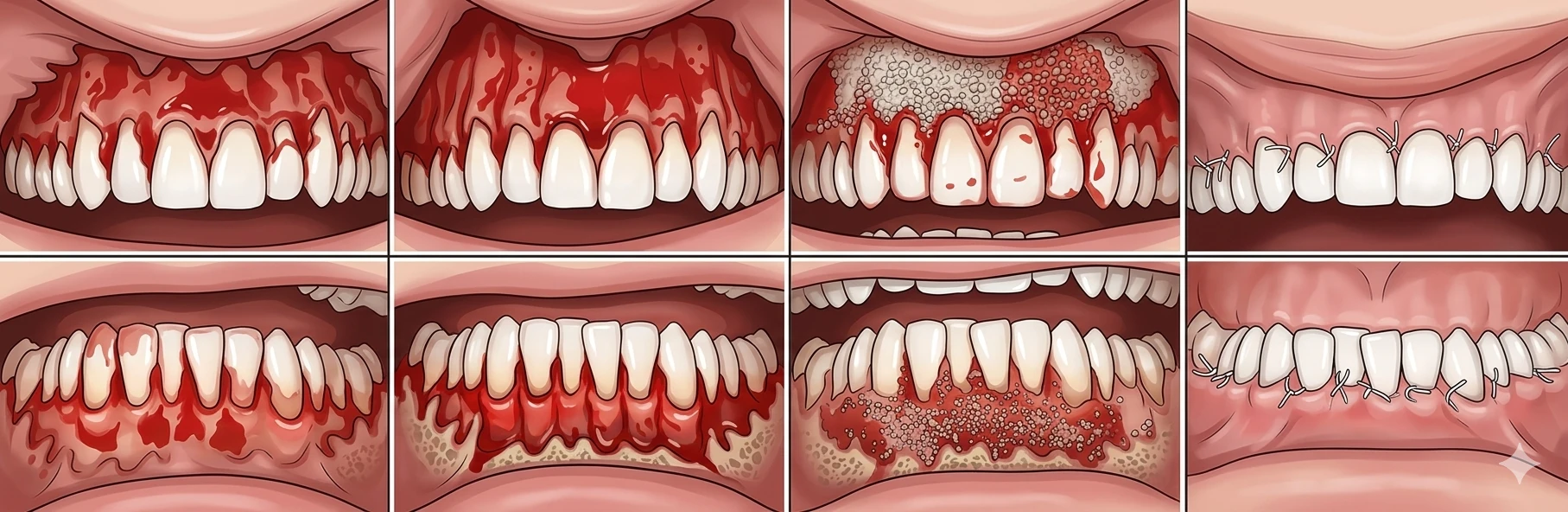 Realistic medical illustration of SFOT treatment showing tissue grafting and healing stages