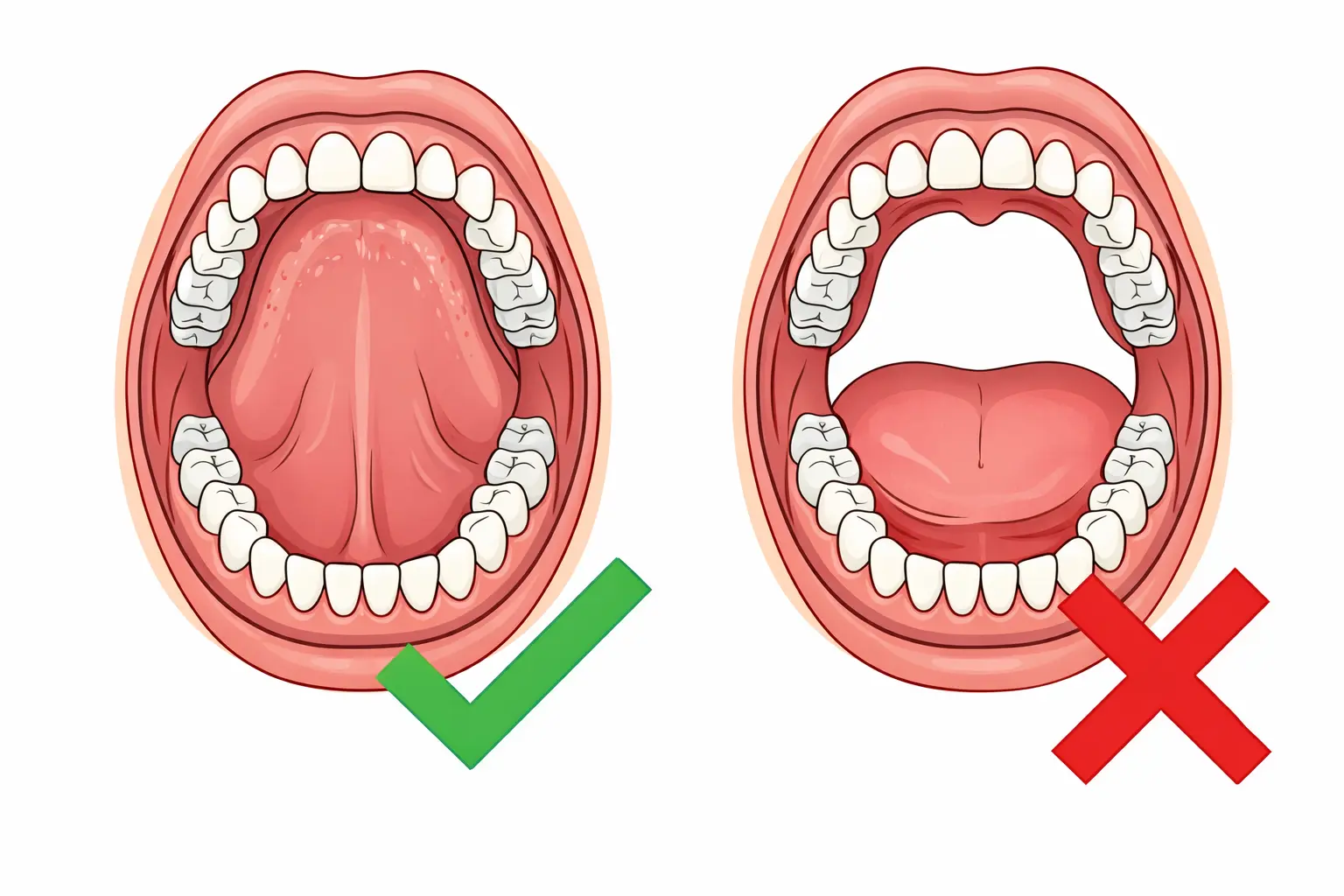 Illustration comparing optimal tongue posture and low tongue posture