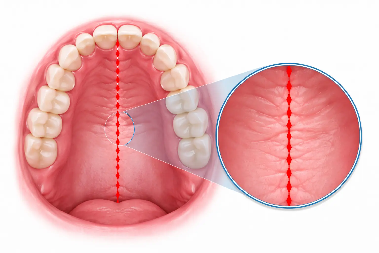 Diagram of the palatal suture along the midline of the upper palate
